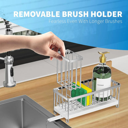 Cisily Silver Sponge Holder for Kitchen Sink, Sink Caddy Organizer with High Brush Holder, Kitchen Countertop Organizers and Storage Essentials, Rustproof 304 Stainless Steel, Soap Dispenser Organize